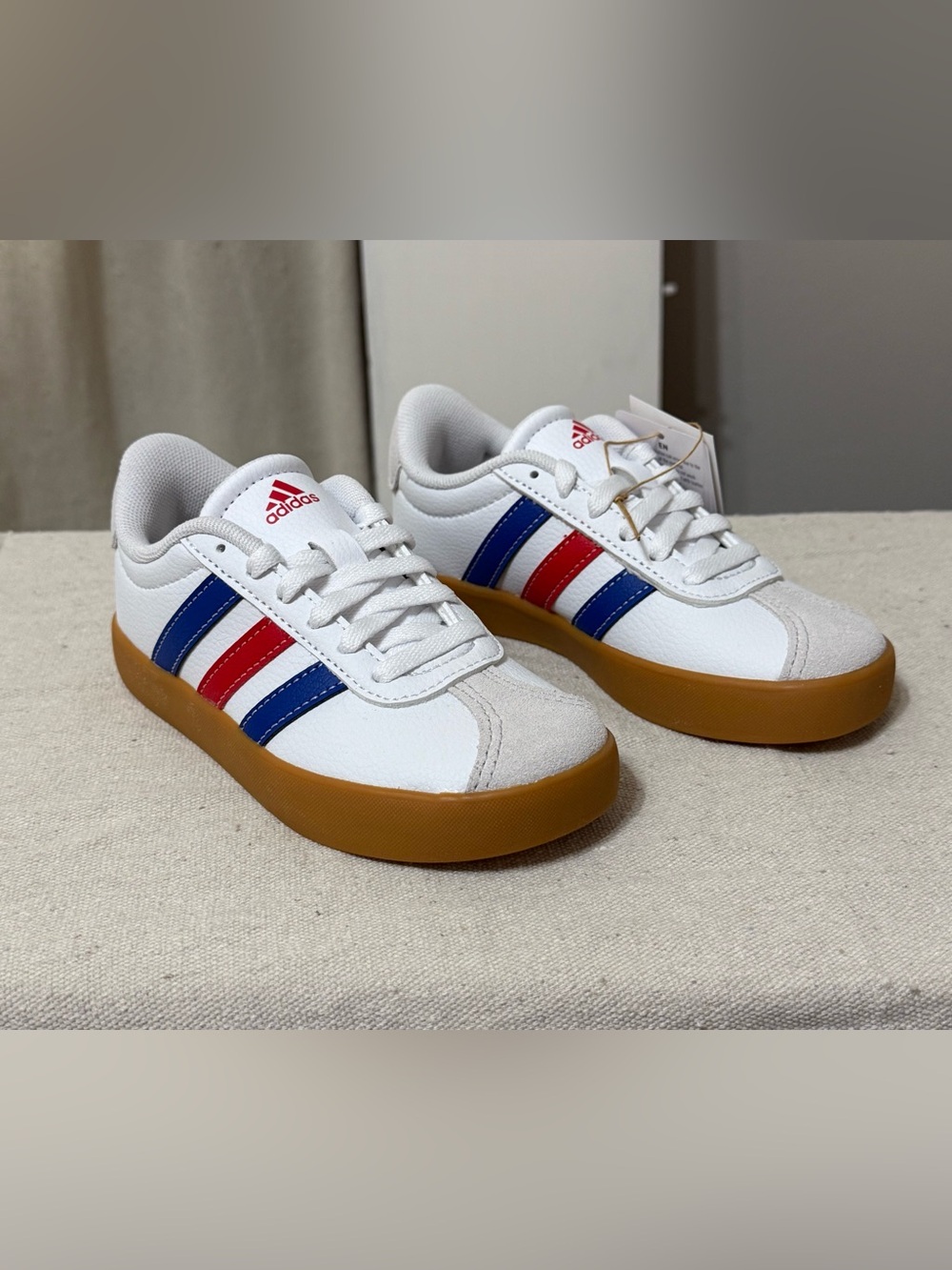 Kids adidas White Sneakers with Red & Blue Stripes and Gum Sole